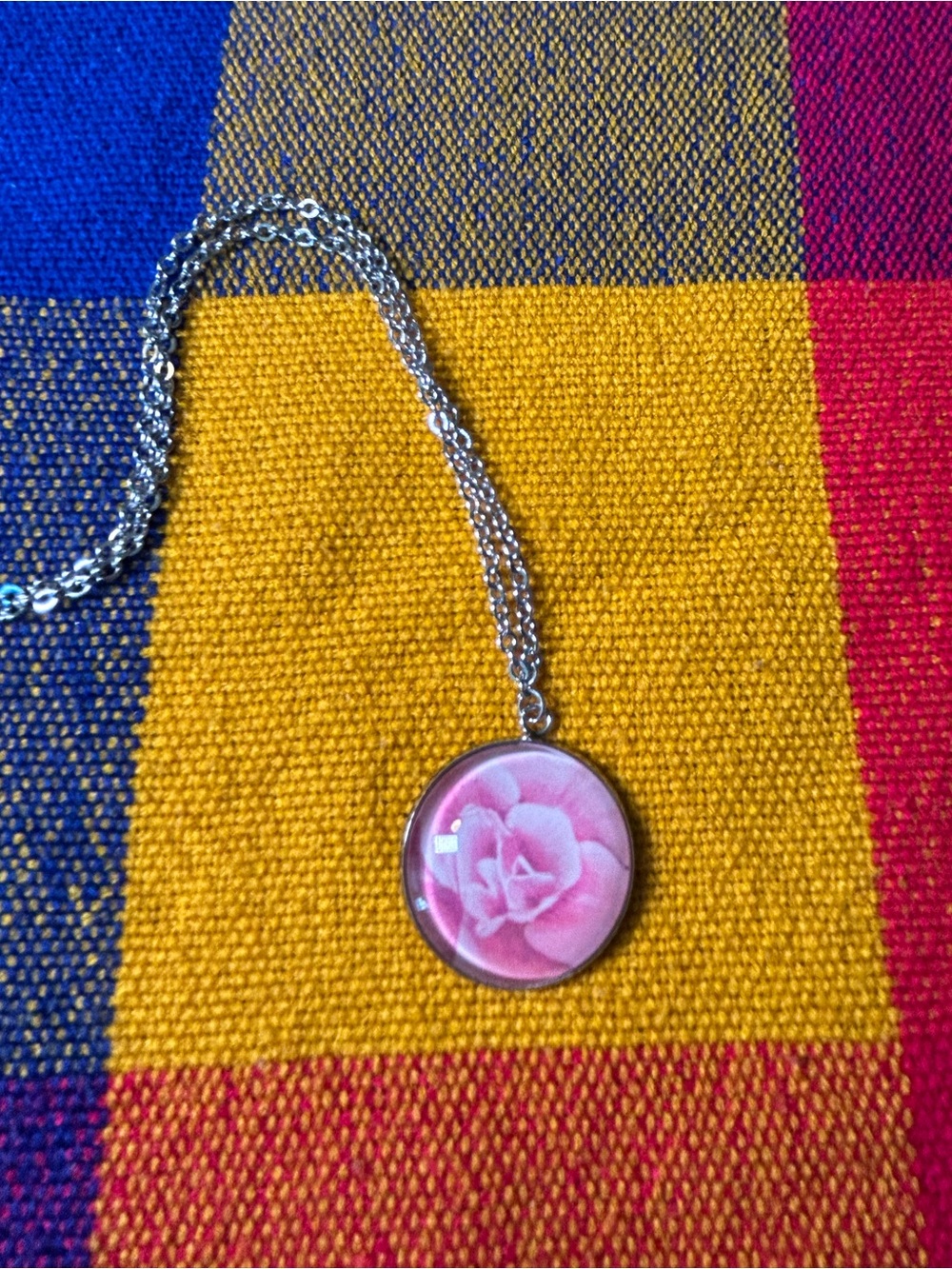 Pink Rhododendron Pendant Necklace on Silver Tone Chain